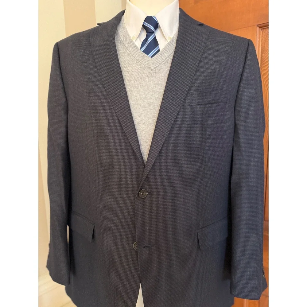 Chaps Houndstooth‎ Sport Coat Mens 46L Blue Two-Button Blazer Jacket Preppy